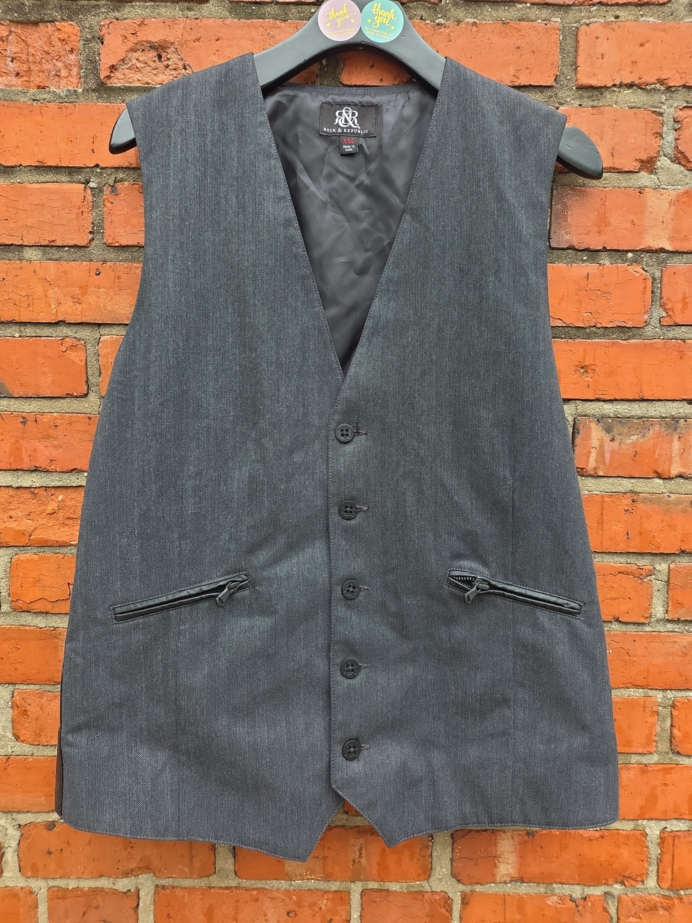Rock & Republic Mens Gray Herringbone Vest XXL Faux Leather Trim (C3)